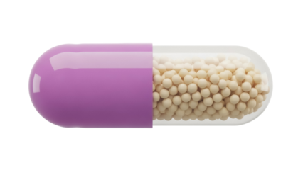 Purple and clear capsule with granules isolated PNG, medicine supplement on transparent background for healthcare and pharmaceutical use