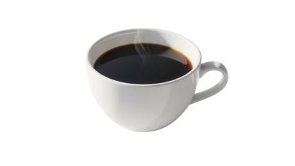 Steaming cup of black coffee isolated PNG on transparent background, aromatic beverage for breakfast or break time