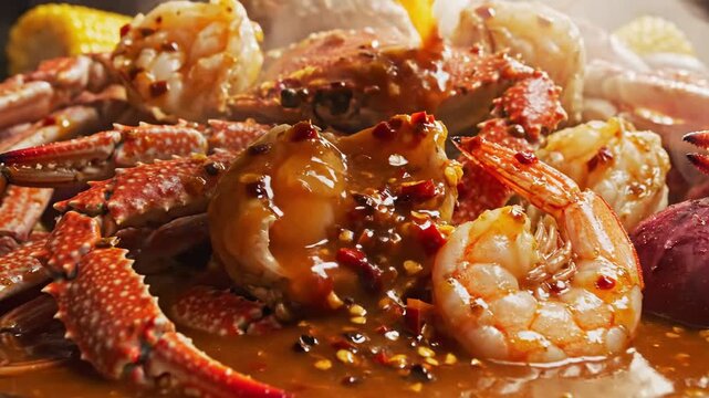 Steaming seafood feast with crab shrimp and corn on the cob close up shot