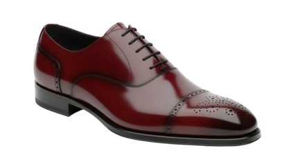 Elegant burgundy leather Oxford shoe isolated PNG, formal footwear for business or special occasions on transparent background