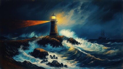 Stormy seascape painting shows a lighthouse beam piercing dark waves and a distant ship