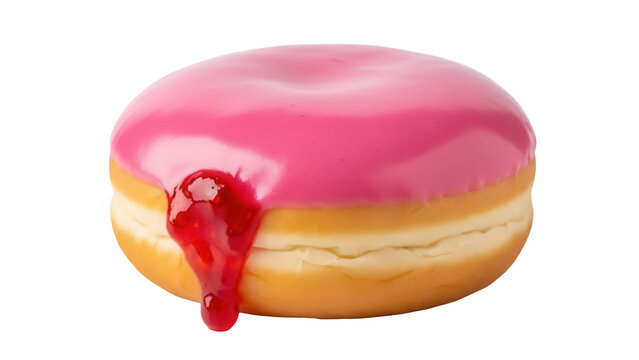 Delicious donut with pink glaze and dripping jam isolated PNG, sweet treat for dessert and bakery concepts on transparent background