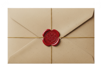 Brown envelope sealed with red wax and string isolated on transparent background