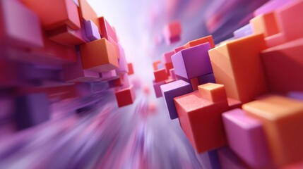 Abstract Shapes and Motion Blur Creating Colorful Tunnel Effect with Red, Purple, and Orange Cubes in Dynamic Perspective View