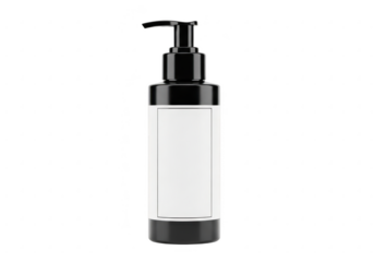 Clear cosmetic bottle with black pump dispenser isolated on transparent background