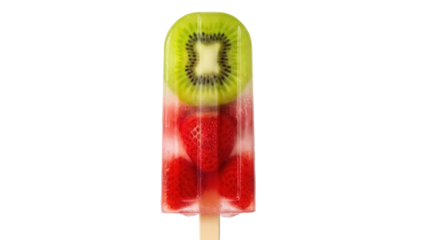 Refreshing fruit popsicle isolated PNG on transparent background, kiwi and strawberry ice pop for summer treat and healthy snack