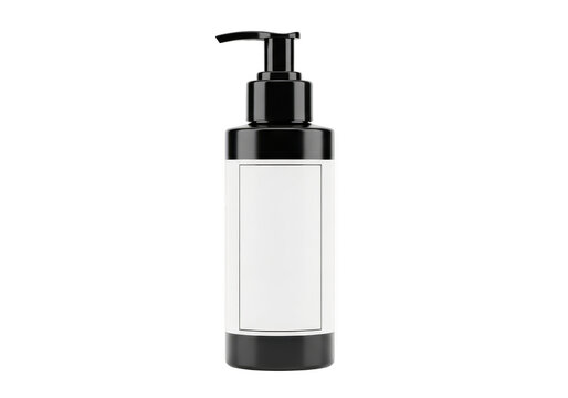 Clear cosmetic bottle with black pump dispenser isolated on transparent background