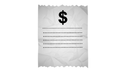 Receipt with dollar sign isolated PNG on transparent background, bill for business, finance, accounting, and shopping concepts