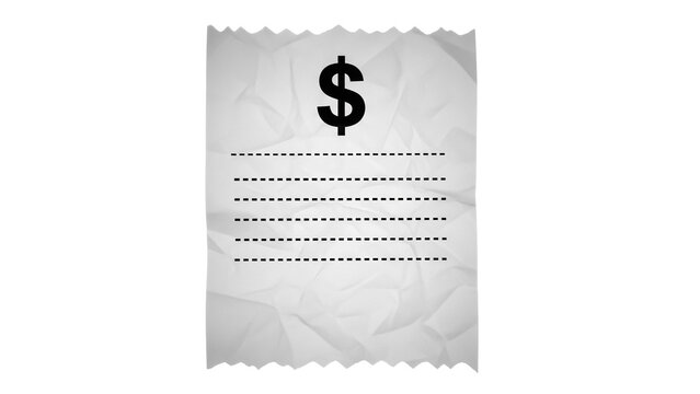 Receipt with dollar sign isolated PNG on transparent background, bill for business, finance, accounting, and shopping concepts