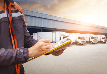 Warehouse Workers Checking The Loading of Goods into Container Trucks. Package Boxes, Cartons. Supply Chain, Shipment. Shipping Warehouse. Freight Truck Logistics, Cargo Transport.	
