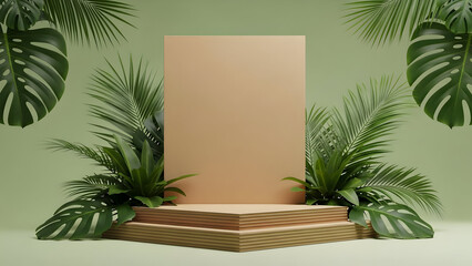 Fototapeta premium Serene tropical display with blank podium and lush greenery