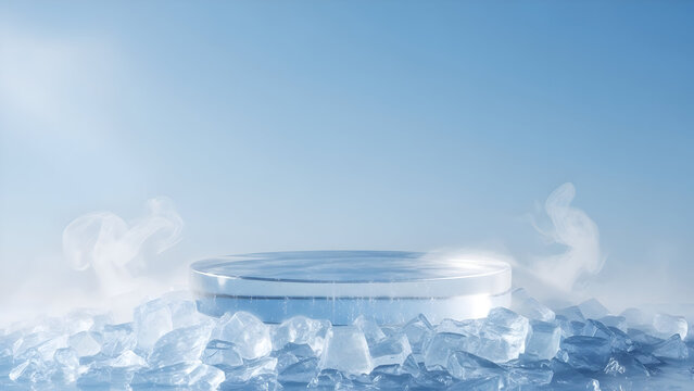 A frosty glass dish on a icy surface with steam rising