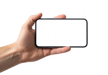 Hand holding smartphone horizontally isolated on transparent background