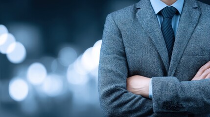 Professional man in tailored suit with folded arms, exuding confidence and authority, set against a blurred, stylish urban backdrop with bokeh effect