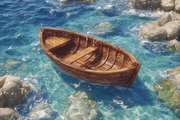 Rustic wooden rowboat floats in crystal clear turquoise water near rocky shore.