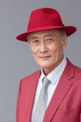 a senior asian man wearing a red hat and suit