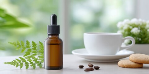 an essential oil bottle with a black dropper, placed on coffee beans and cookies in the background