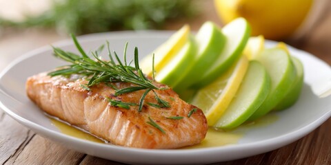 seared salmon in honey sauce with rosemary on a white plate, with sliced apples