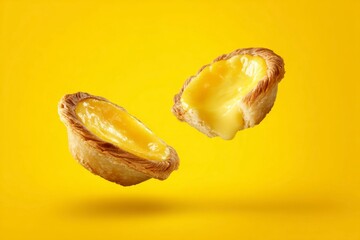 two egg tarts floating in the air, yellow background