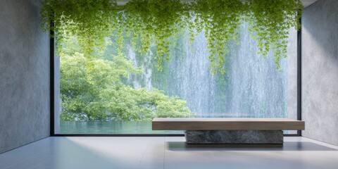 large glass windows with green vines hanging from them, concrete floor and black walls, water cascading down the windows in the background, a wooden seating area visible through the glass.