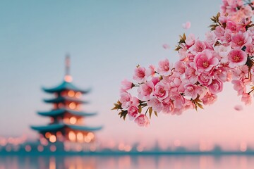Sakura blossoms over Japanese Pagoda by lake at sunset with serene spring scene.