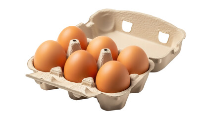 Six brown eggs in carton isolated PNG, fresh organic food on transparent background for cooking and baking needs
