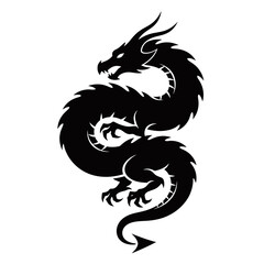 Naklejka premium Black silhouette of a majestic mythical dragon with intricate scales, sharp claws, and horns, depicted in a winding, powerful pose.