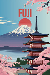 Japan travel poster fuji, retro vector illustration showcasing the majestic snow-capped mountain, traditional japanese scenery, and peaceful asian landscape for home decor.