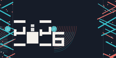 Happy New Year 2026 Celebration Banner - Futuristic Tech Flow Corridor with Turquoise and Coral Neon Lines, Stars, and Fireworks