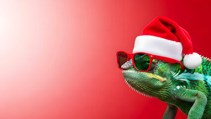 Chameleon Wearing Santa Hat and Sunglasses Enjoying Christmas Festivities