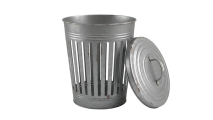 Galvanized metal trash can with lid isolated PNG, vintage style waste bin for recycling and garbage disposal on transparent background