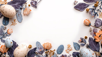Fototapeta premium Easter Eggs and Autumnal Floral Border on White graphic