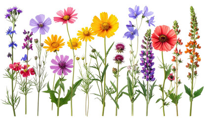 A vibrant row of diverse colorful wildflowers and green stems against black