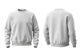 Front and back view of a plain white crewneck sweatshirt isolated on transparent background