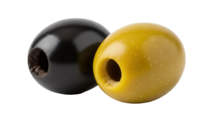Two olives, one black and one green, pitted and isolated PNG, delicious Mediterranean food ingredient for cooking and salads