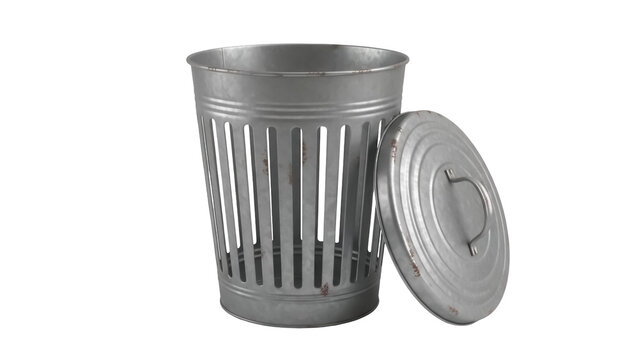 Galvanized metal trash can with lid isolated PNG, vintage style waste bin for recycling and garbage disposal on transparent background