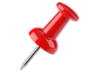 Single red push pin with a sharp metal point isolated on transparent background