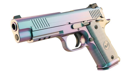 Iridescent pistol isolated PNG on transparent background, modern handgun with a unique finish for design and tactical applications