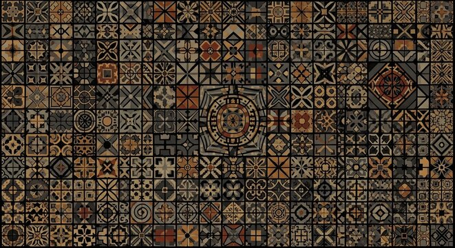 Intricate vintage mosaic tile pattern featuring geometric and floral motifs in earthy tones