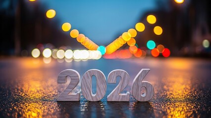 New year 2026 celebration with wooden numbers on wet road
