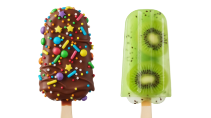 Two colorful popsicles PNG isolated on transparent background, chocolate with sprinkles and kiwi fruit ice cream for summer treats