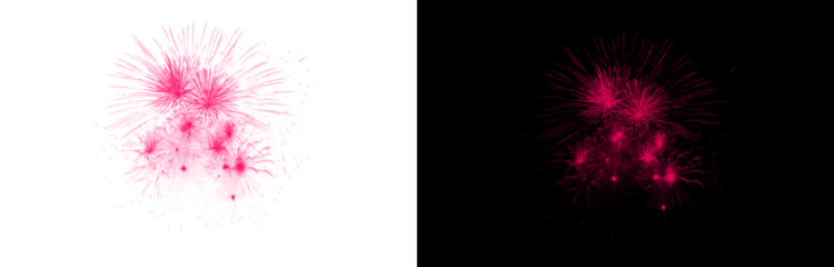 Stunning hot pink fireworks display with transparent background and an alternative view on a dark night sky for celebration