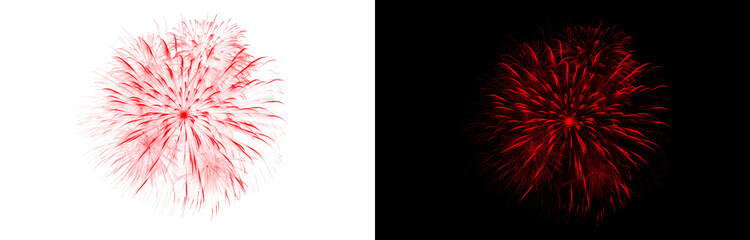 Stunning red fireworks display with transparent background and an alternative view on a dark night sky for celebration