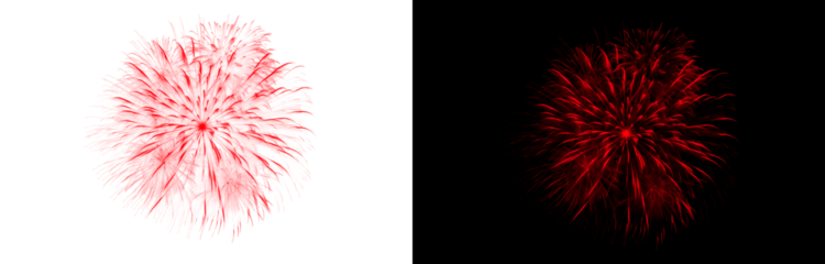 Stunning red fireworks display with transparent background and an alternative view on a dark night sky for celebration