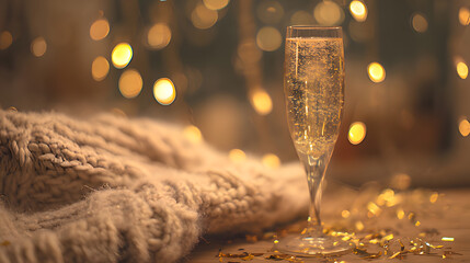 dcf. A champagne flute with golden bubbles on a wooden table beside a cozy blanket and festive confetti. bar promotions, beverage menus, designed for food & beverage menus and cafe branding.