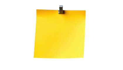 A square yellow sticky note held in place by a metal clip against black