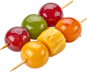 Colorful mixed fruit tanghulu stick isolated on white
