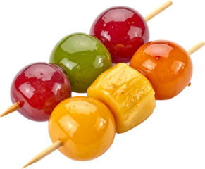 Colorful mixed fruit tanghulu stick isolated on white