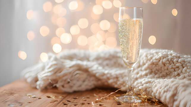 dcf. A champagne flute with golden bubbles on a wooden table beside a cozy blanket and festive confetti. bar promotions, beverage menus, designed for food & beverage menus and cafe branding.