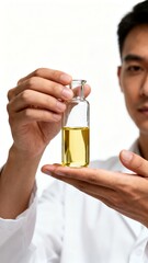 Fototapeta premium Generative AI depicting a scientist carefully holding a vial filled with yellow liquid for